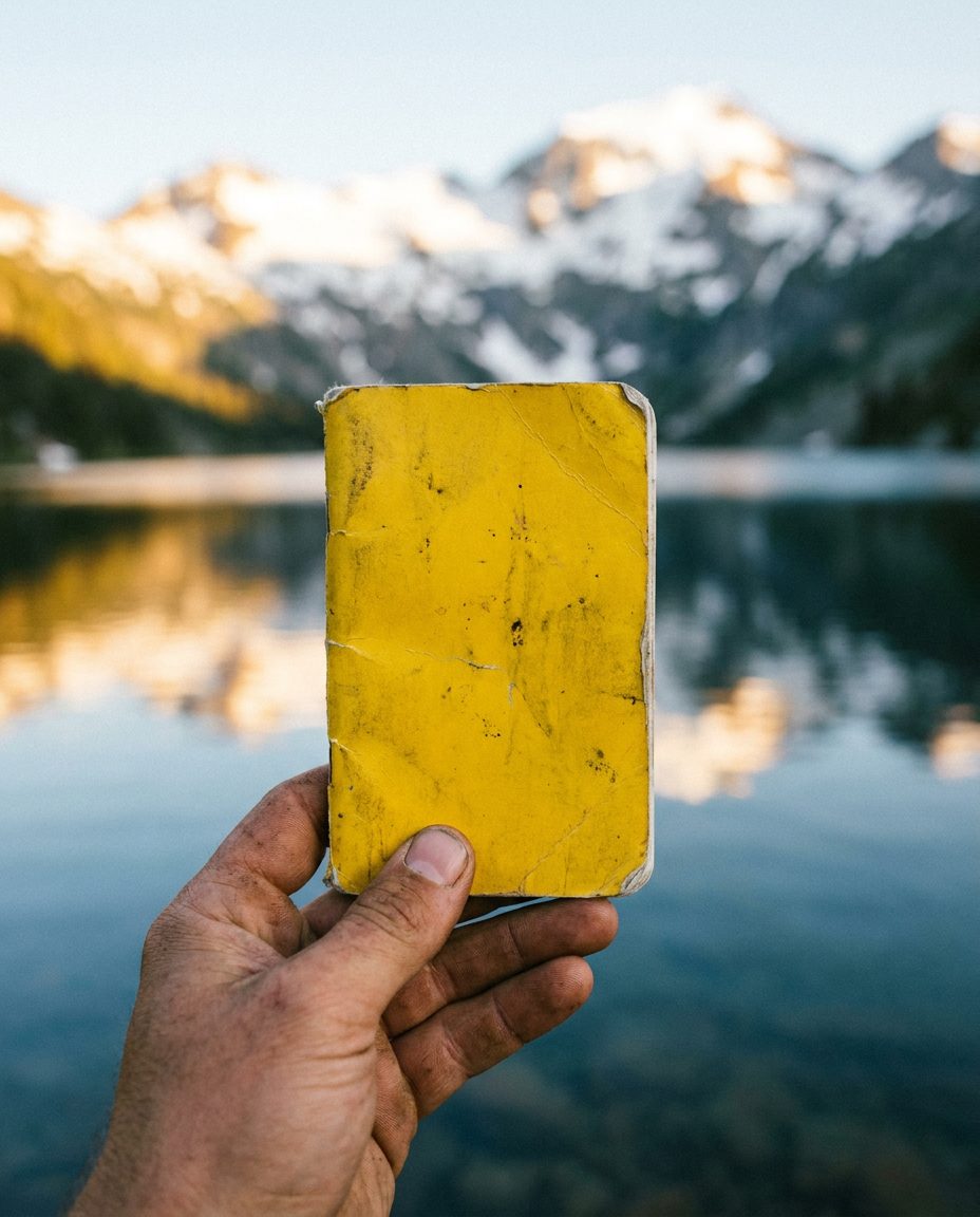 The yellow notebook held up in front of a mountain lake