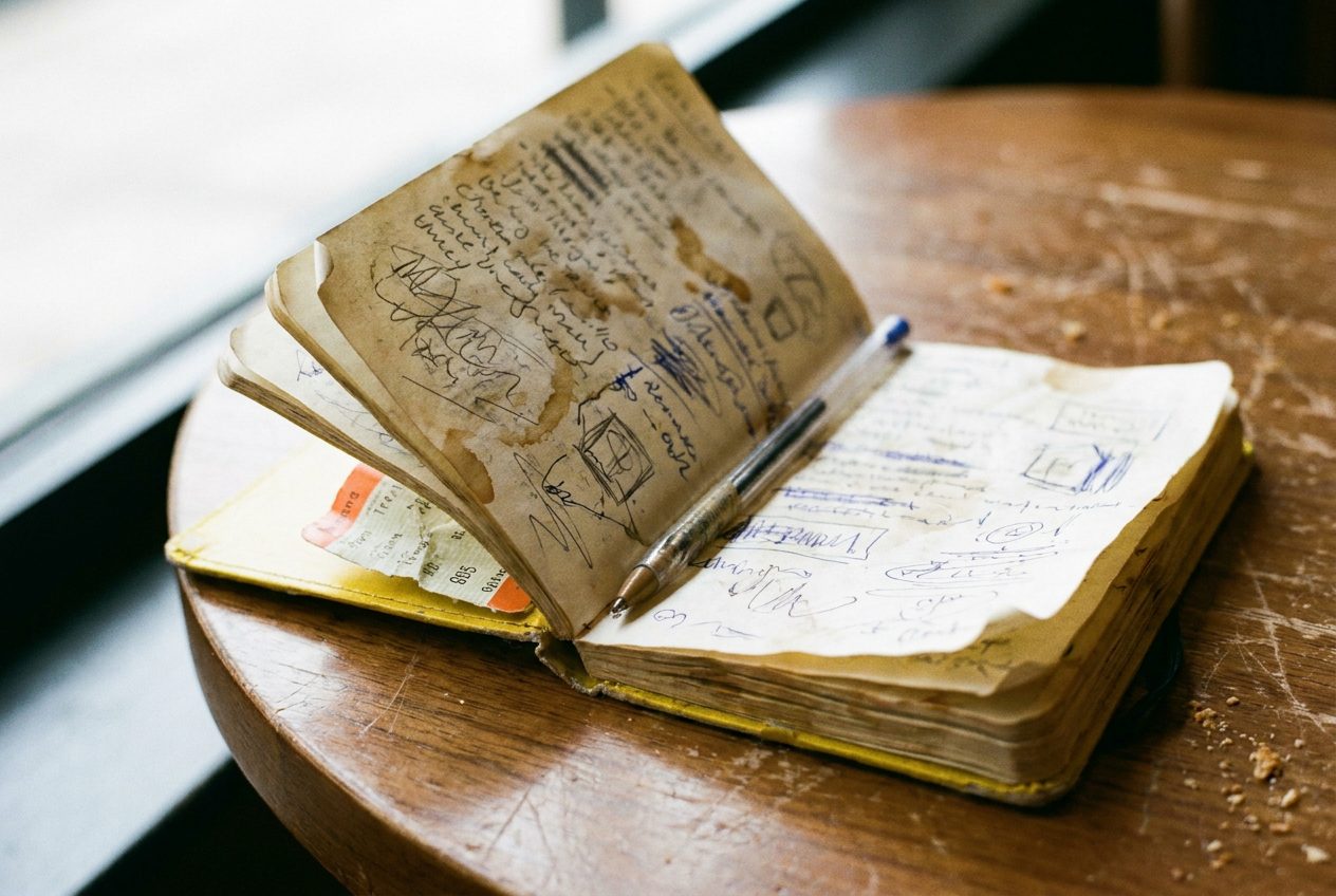 The yellow notebook open on a cafe table, pages full of notes