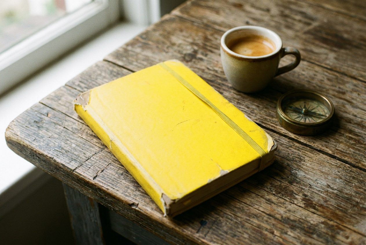 The closed yellow notebook on a wooden table beside an espresso and a compass