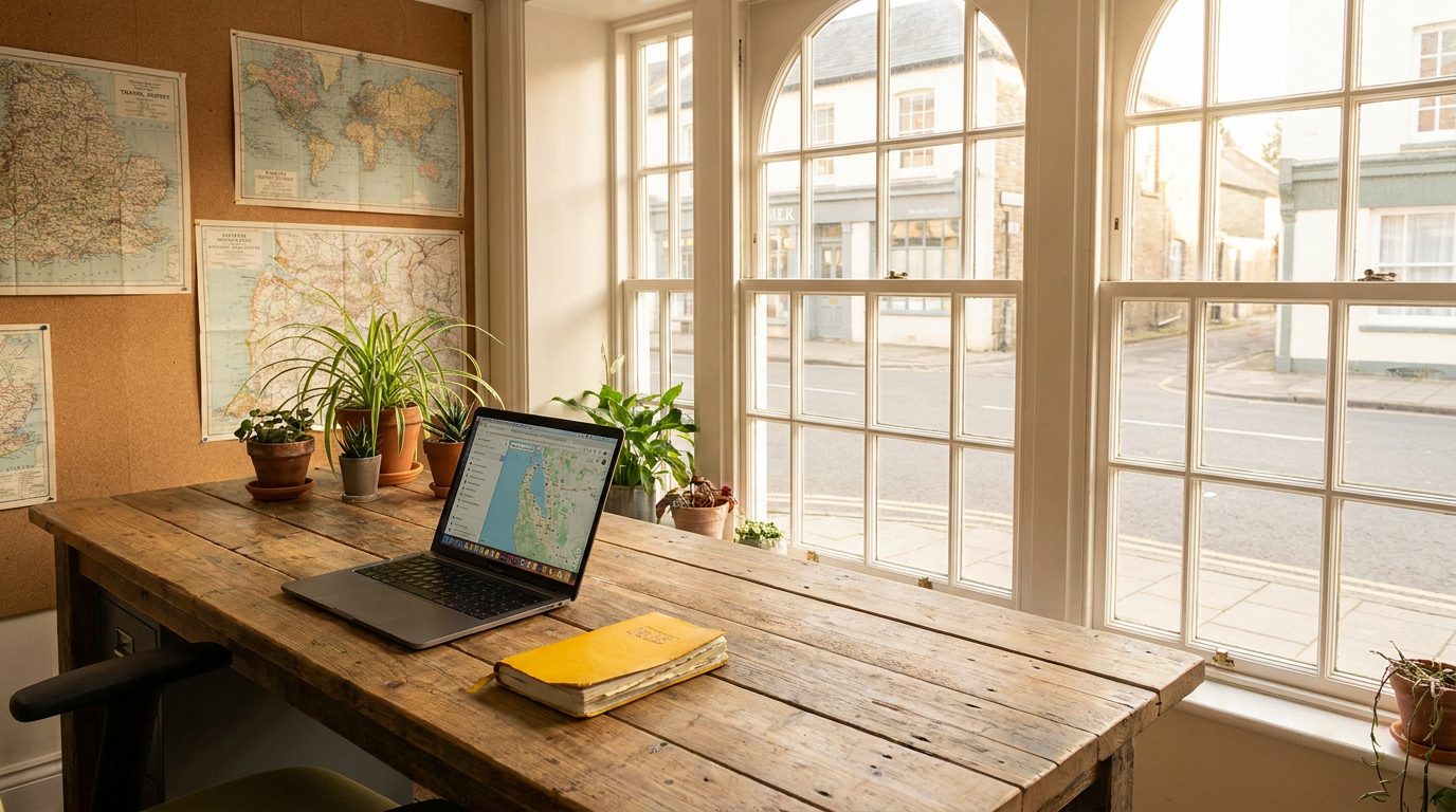 A small office with maps on the wall and the yellow notebook on the desk