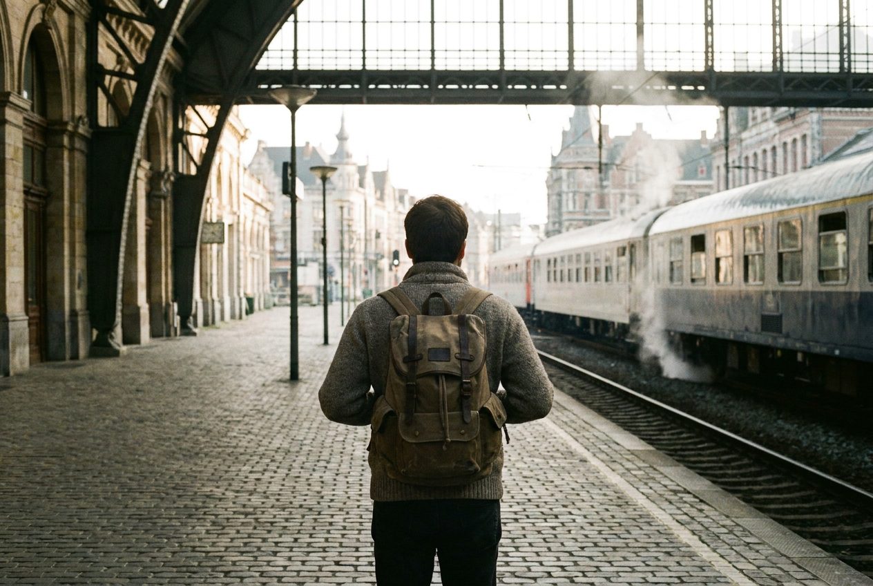 A traveler with a backpack on a station platform at dawn