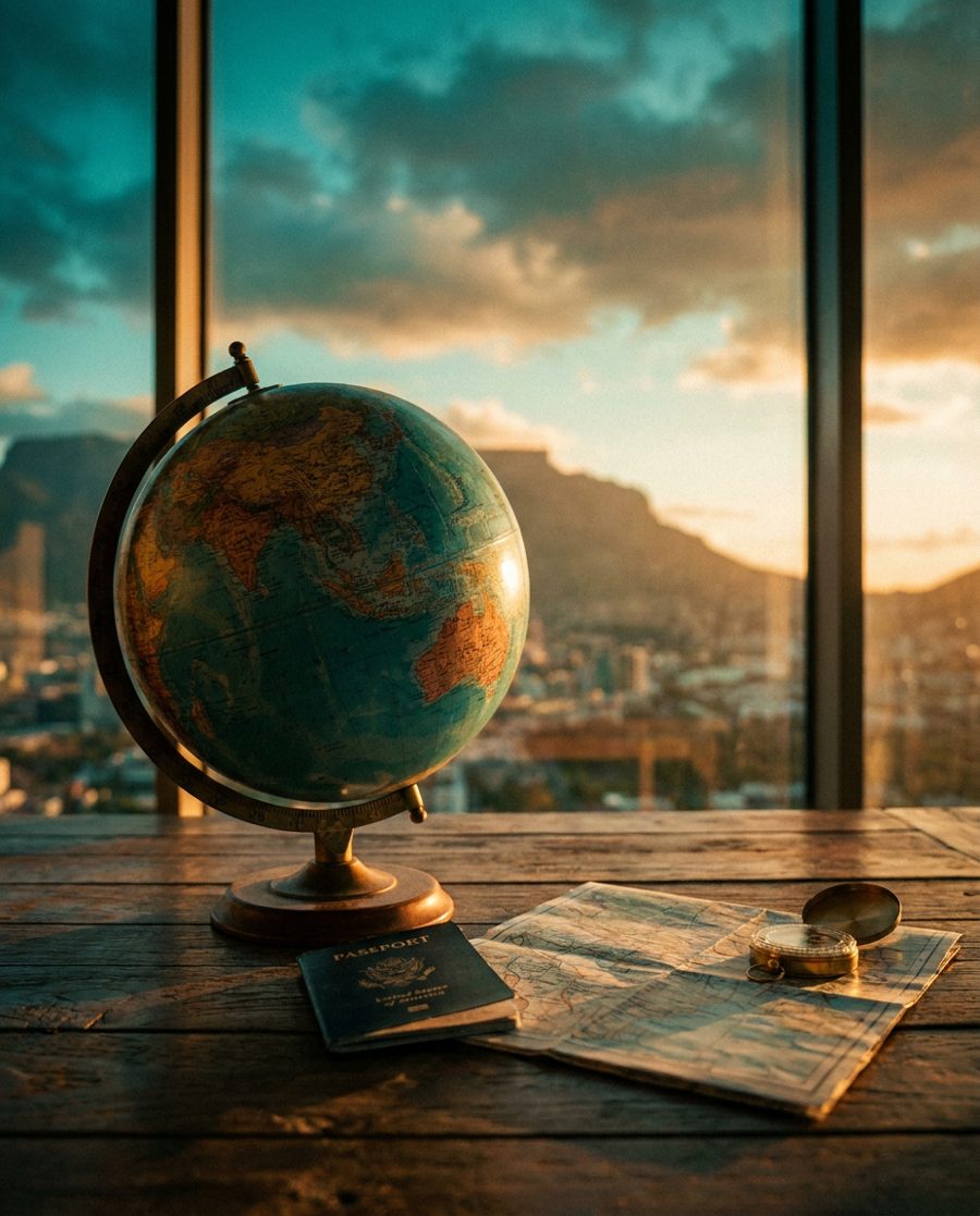 A vintage globe, passport and map on a wooden table