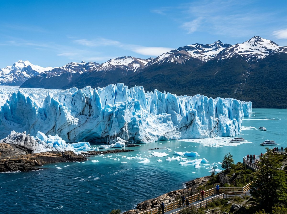 Perito Moreno Glacier ice wall above Lago Argentino with Patagonian mountains behind