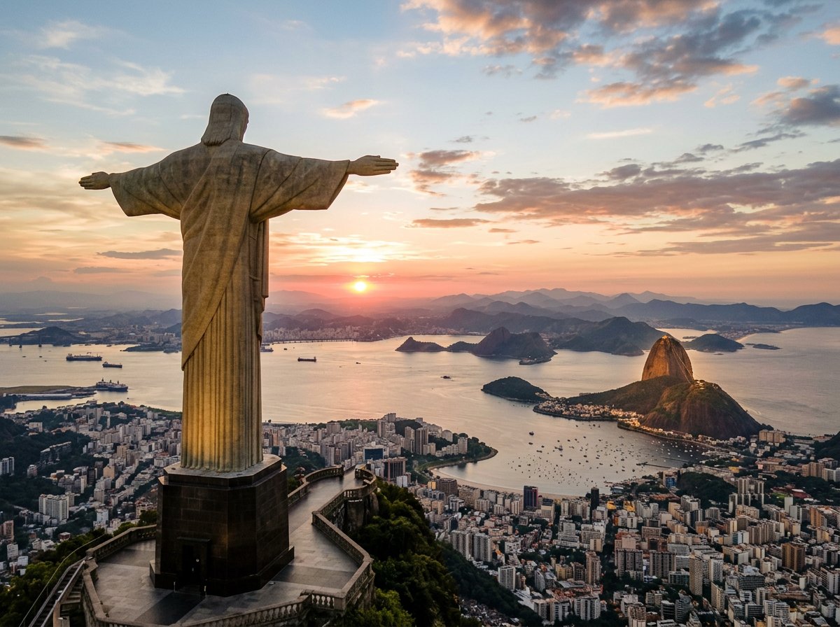 Christ the Redeemer statue above Rio de Janeiro with Sugarloaf Mountain and the bay at sunset