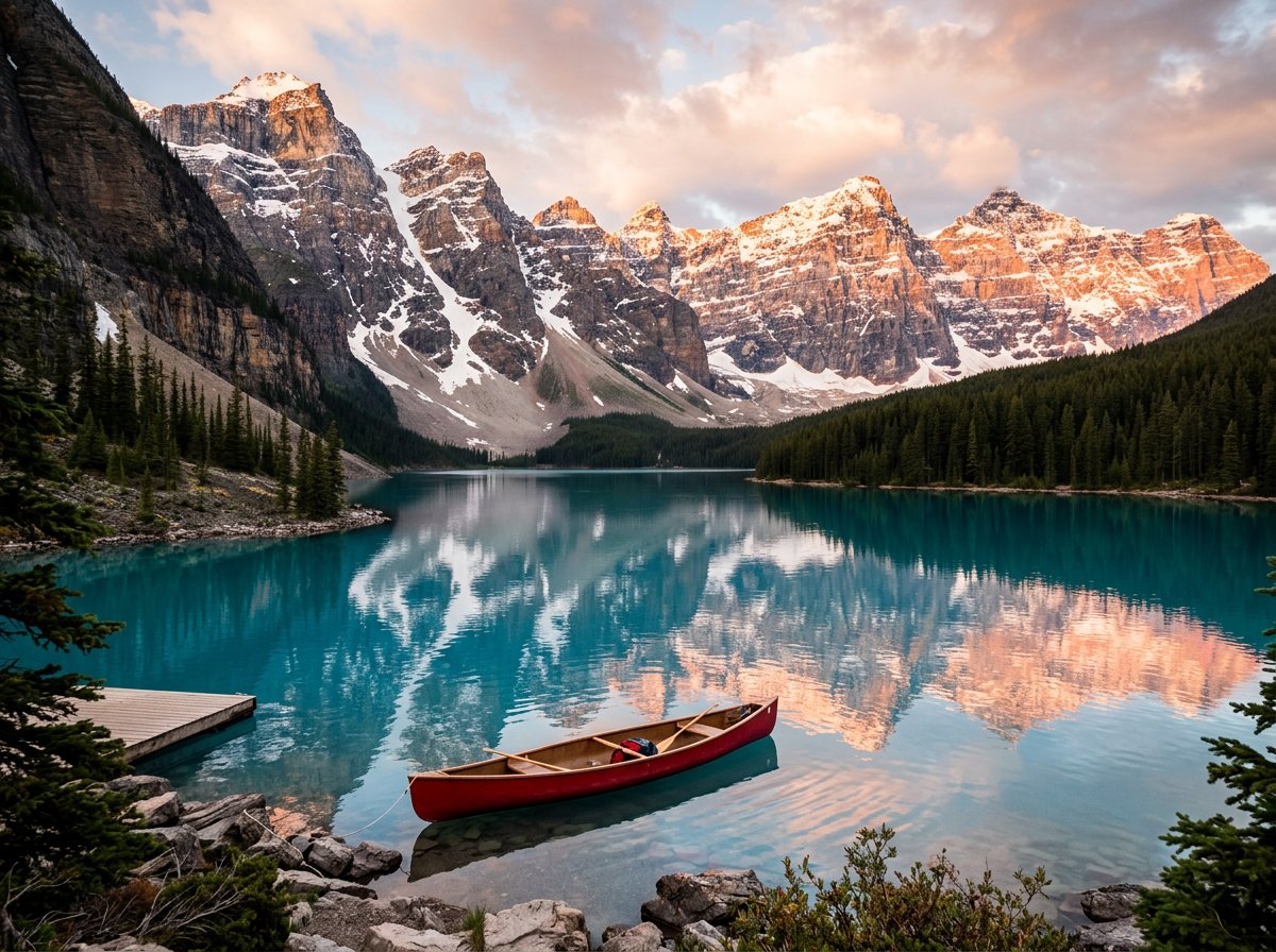 Red canoe on the turquoise water of Moraine Lake with the snow-capped Ten Peaks at sunrise