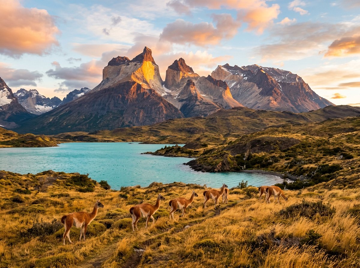 Granite towers of Torres del Paine above a turquoise lake with guanacos in the foreground