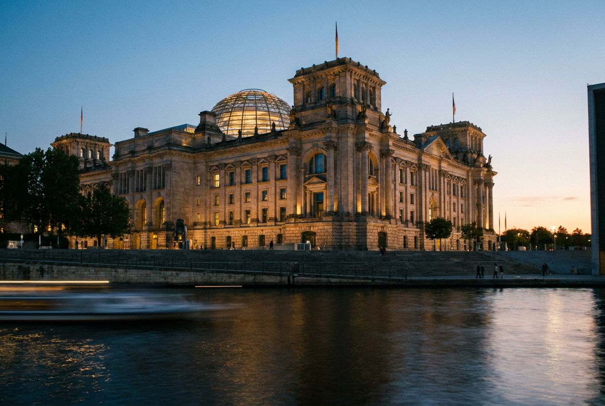 Reichstag glass dome lit at dusk, reflected in the Spree river in Berlin's government district