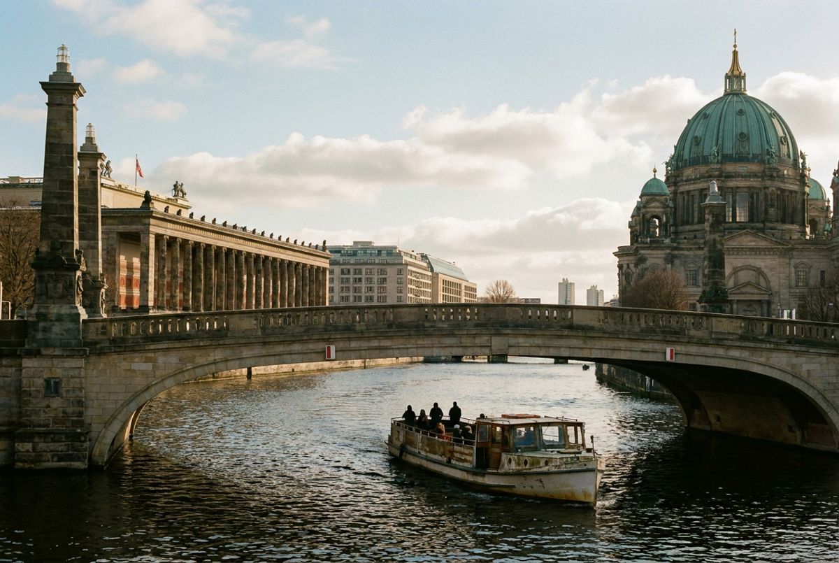 Tour boat on the Spree passing Museum Island and Berlin Cathedral on a bright morning