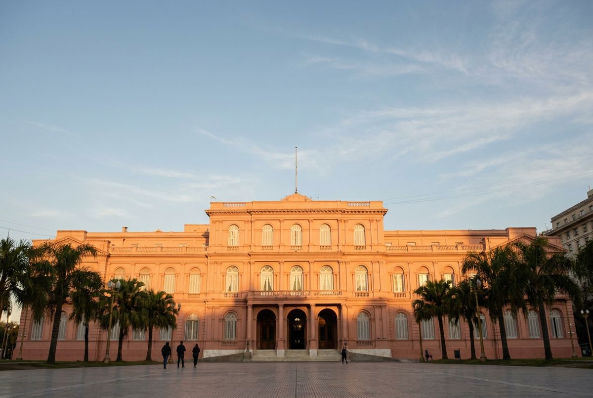 Pink facade of the Casa Rosada on Plaza de Mayo in Buenos Aires in warm late-afternoon light