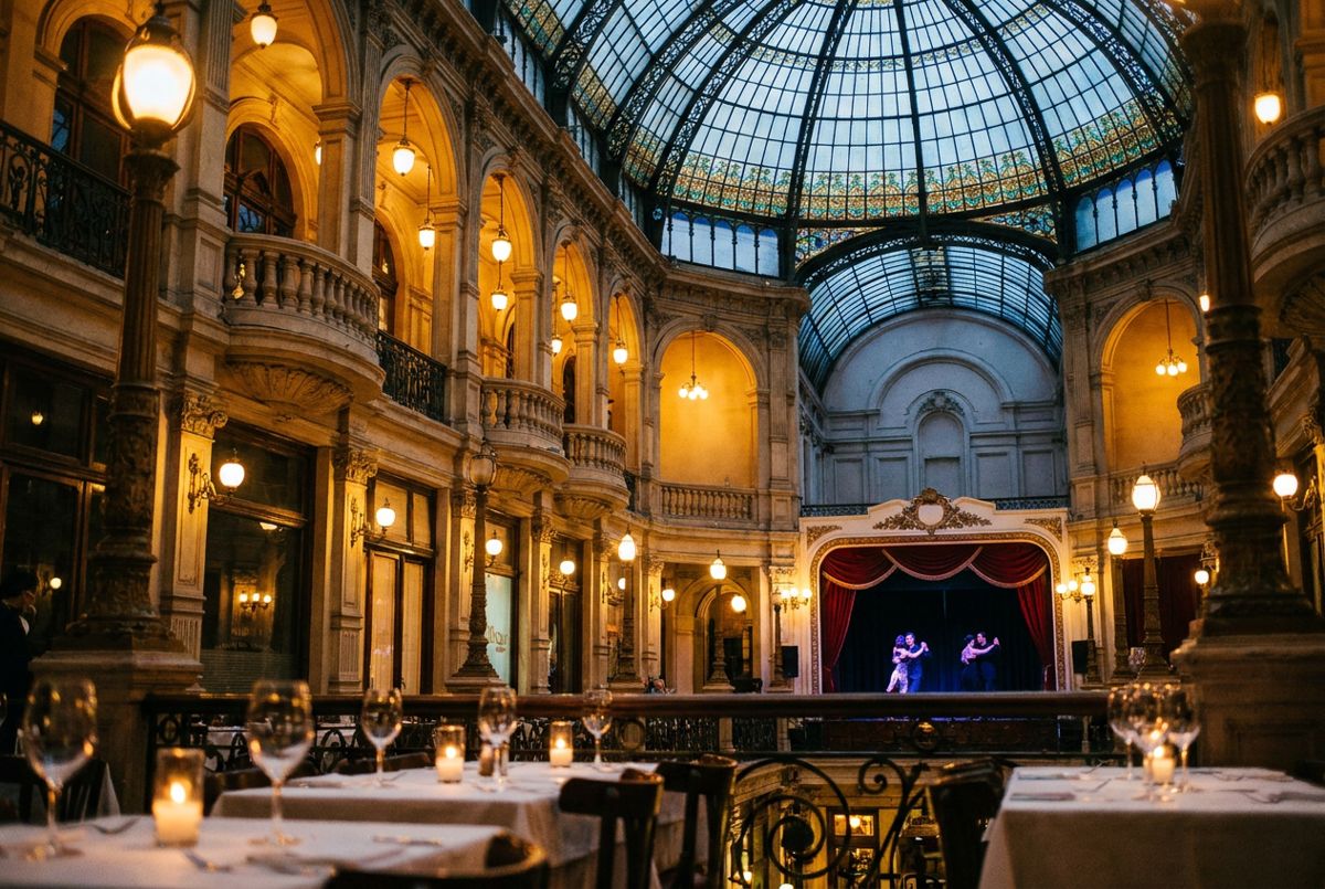 Ornate belle époque gallery with a stained-glass dome and set dinner tables, ready for a tango show in Buenos Aires