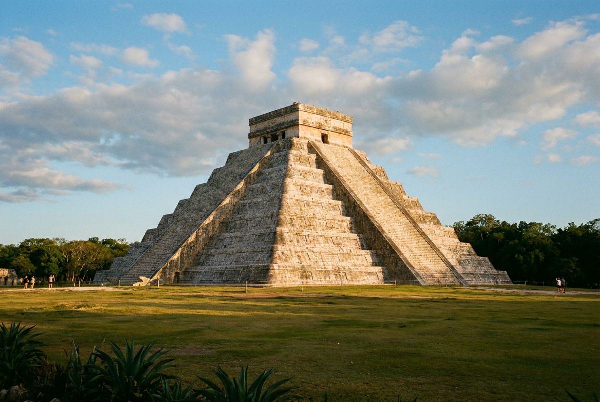 Morning light on the stepped pyramid of Kukulcán rising above the grass plaza at Chichen Itza
