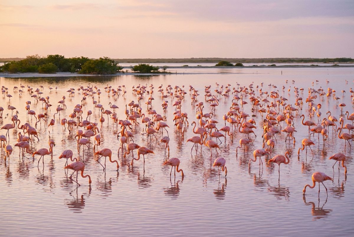 Flamingos wading in the shallow pink lagoon at Río Lagartos on the Yucatán coast at golden hour