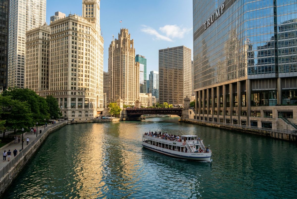 Architecture cruise boat on the Chicago River beneath downtown skyscrapers in morning light