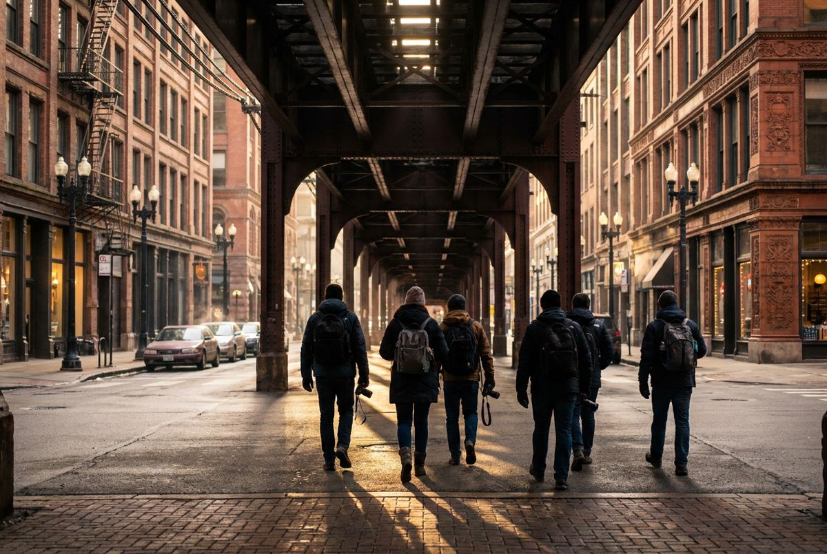 Walking tour group beneath the elevated L tracks on a Loop street in Chicago at golden hour