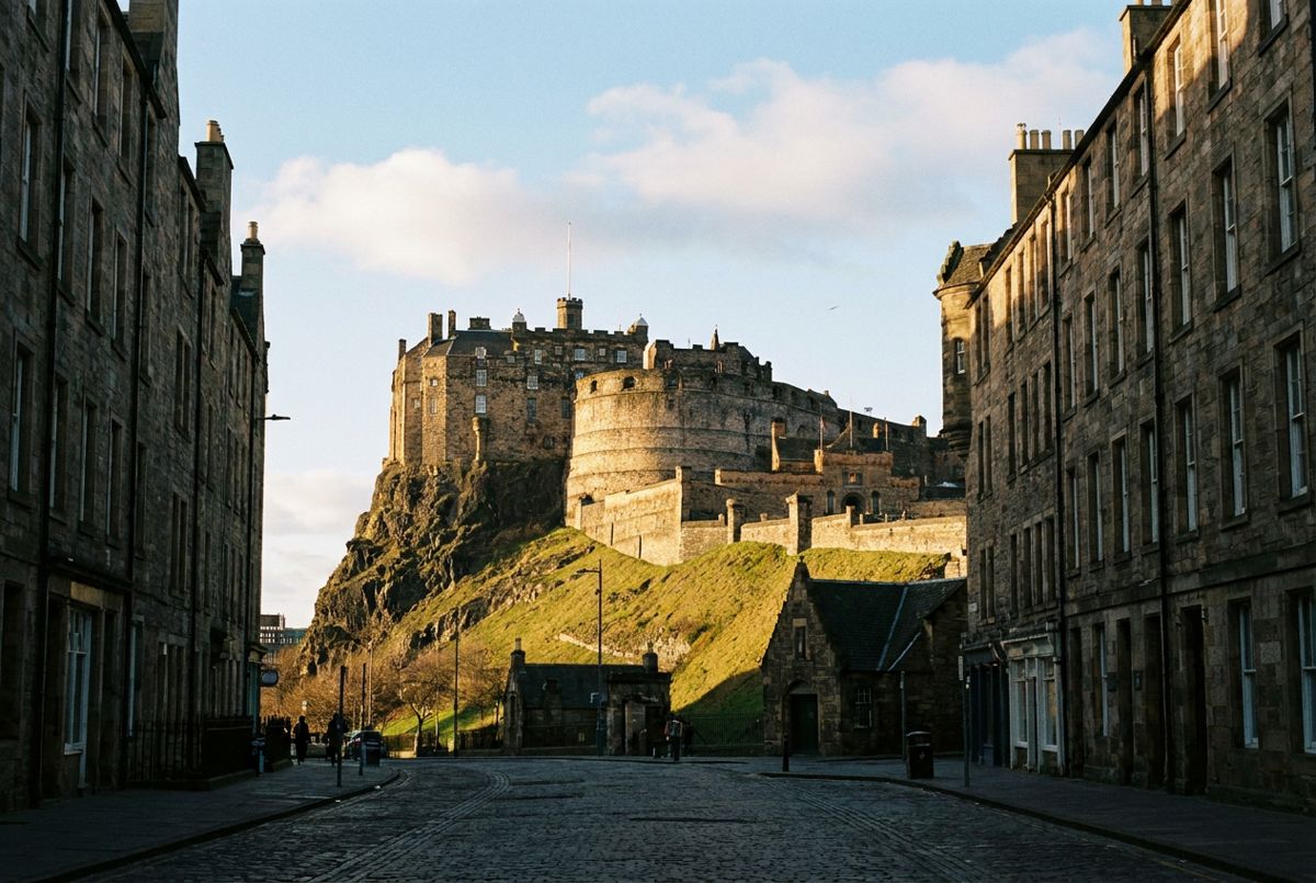 Edinburgh Castle on Castle Rock above the Old Town rooftops in warm evening light