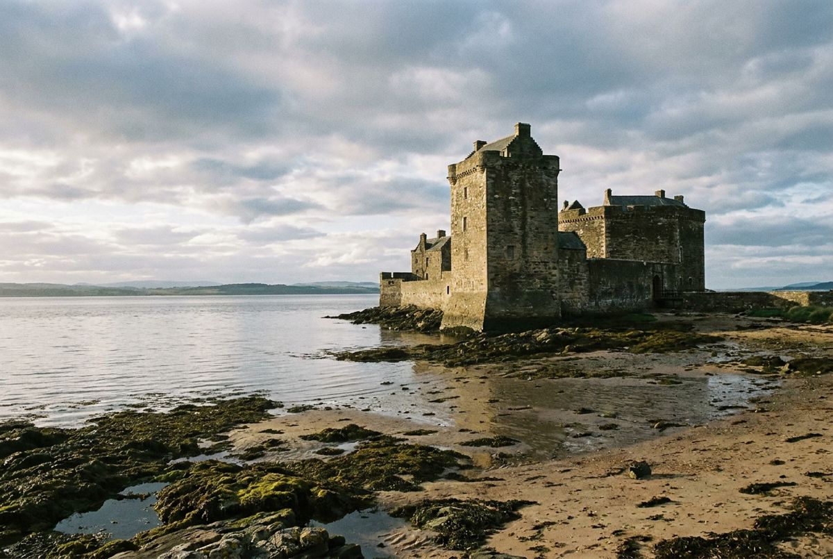 Blackness Castle jutting into the Firth of Forth at low tide under a moody sky