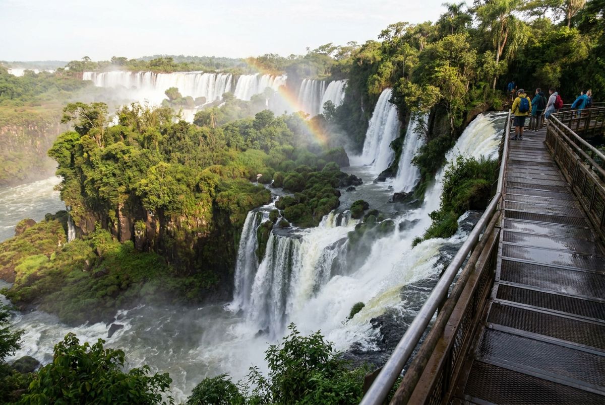 Wide morning view of Iguaçu Falls cascades and rainforest from the Brazilian side walkway