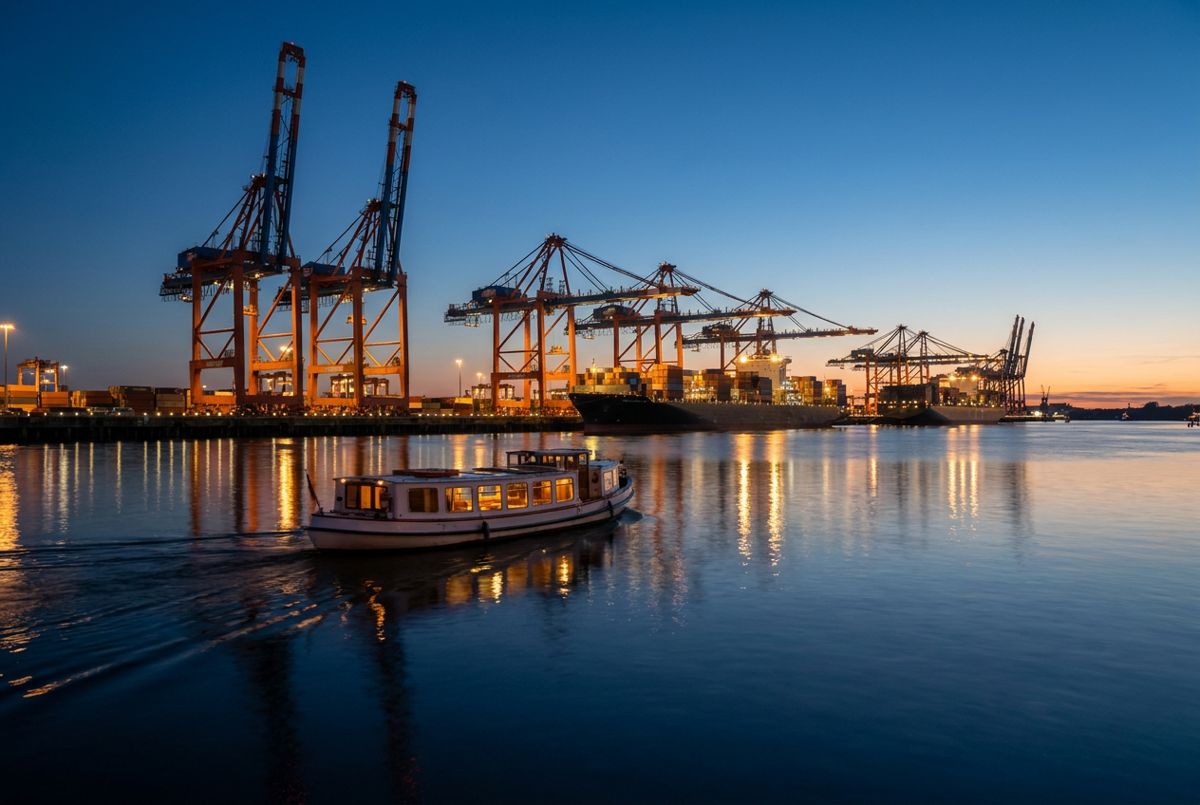 Harbor cruise boat on the Elbe at dusk with lit container cranes in the Port of Hamburg