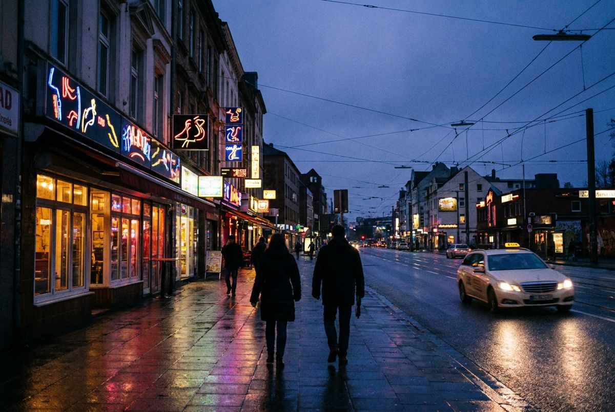 Neon-lit Reeperbahn street in St. Pauli, Hamburg, just after sunset with reflections on wet pavement