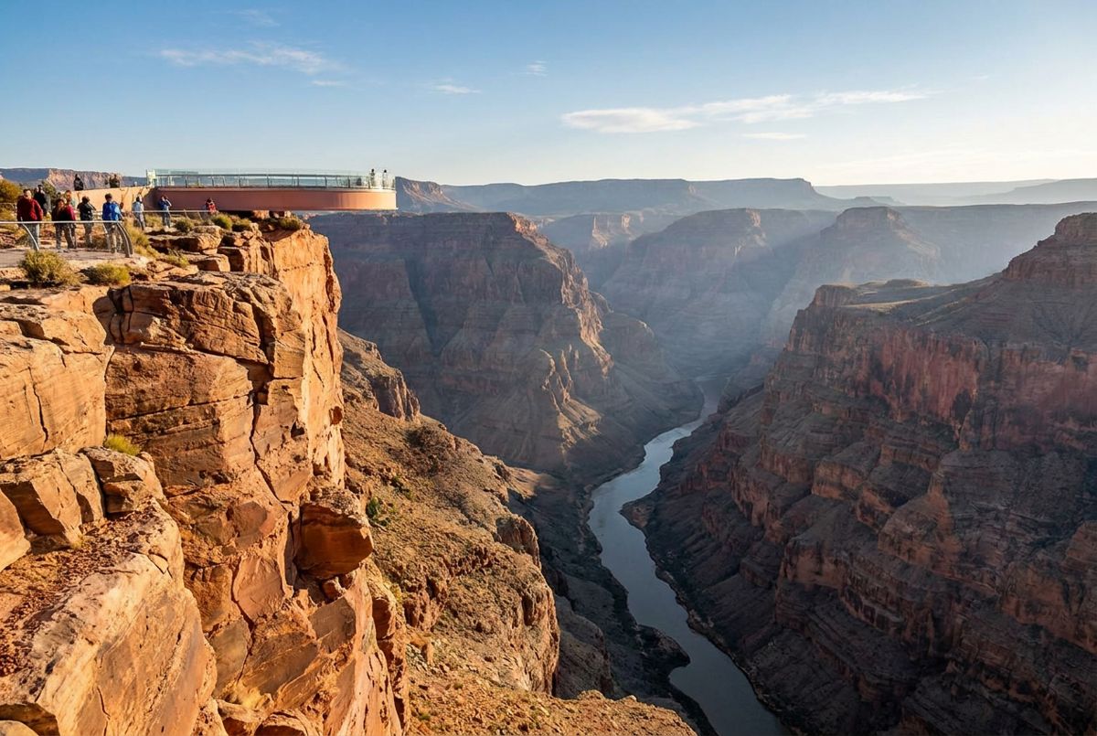 Sunlit Grand Canyon West rim with the curved glass Skywalk extending over the canyon and the Colorado River below