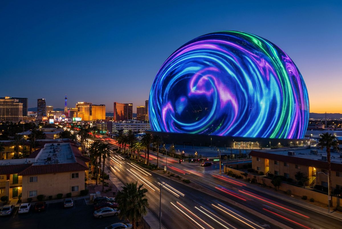 The Sphere glowing with color against the dusk sky above the Las Vegas Strip skyline