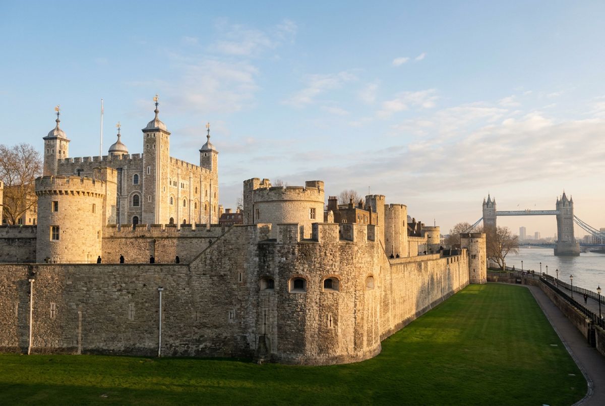 Tower of London's White Tower and walls in warm golden-hour light with Tower Bridge in the distance