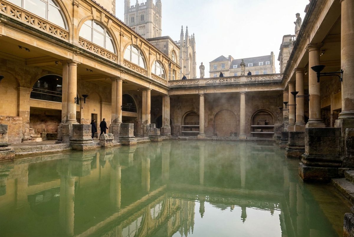 Steaming green water of the Great Bath at the Roman Baths in Bath with the abbey tower behind