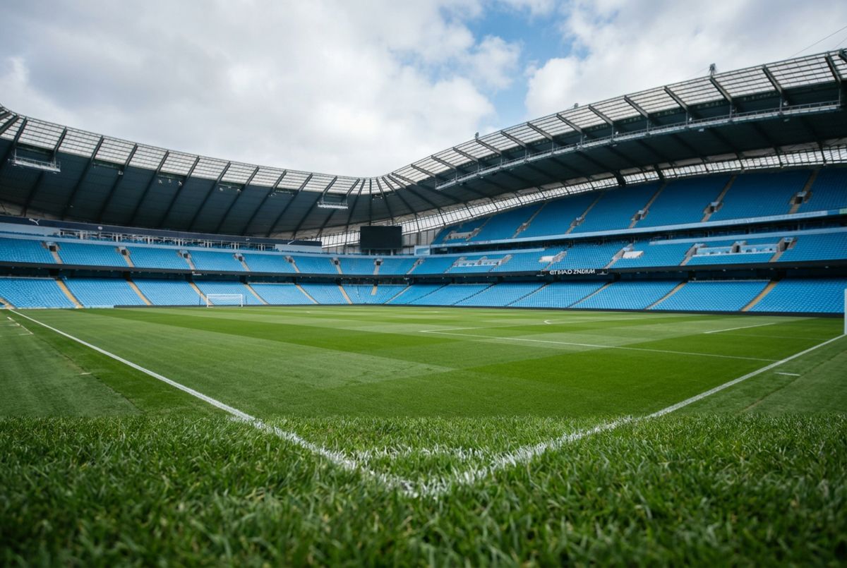 Empty Etihad Stadium seen from pitchside, with neat green turf and rising rows of sky-blue seats