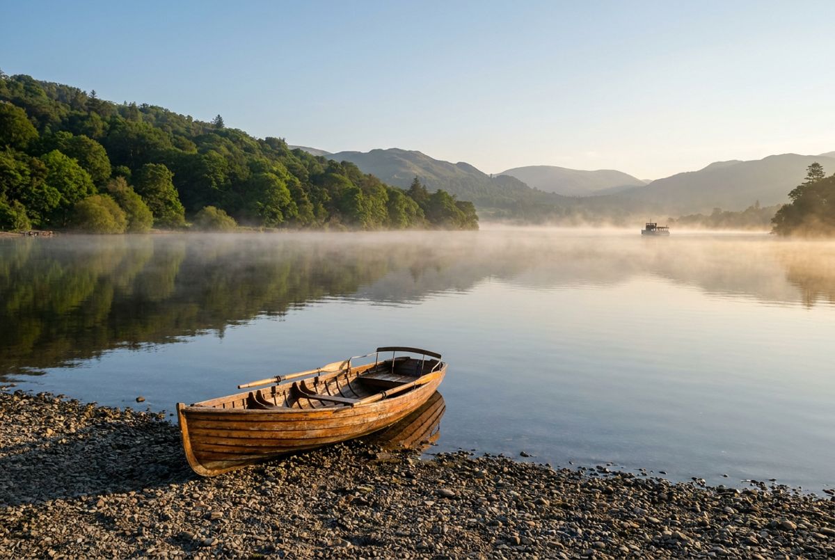 Misty morning over Lake Windermere with a wooden rowing boat and wooded fells beyond