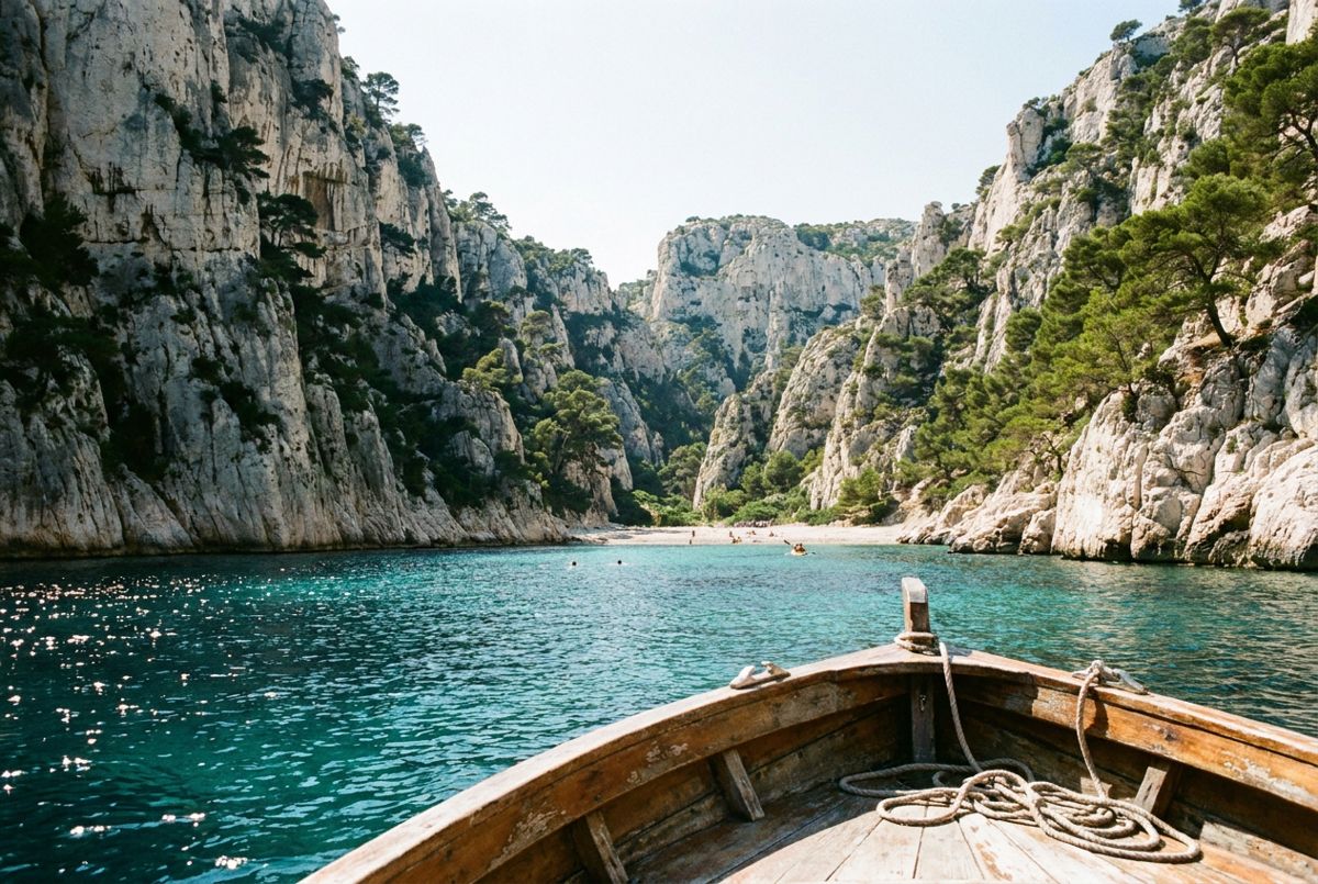 Turquoise water and white limestone cliffs of Calanque d'En-Vau seen from a boat near Marseille