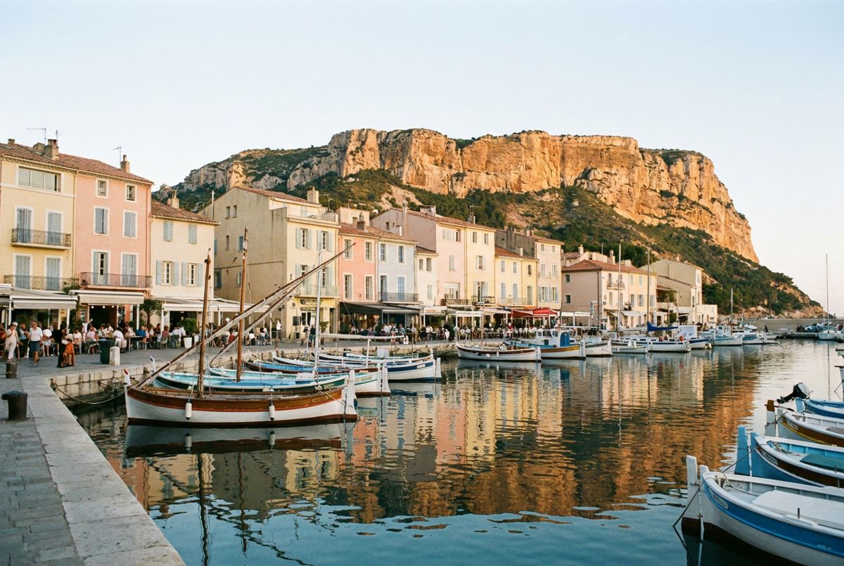 Pastel waterfront houses and fishing boats in Cassis harbor at golden hour, with cliffs behind