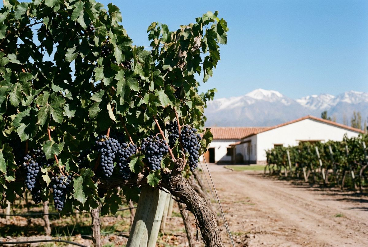 Malbec vine rows in a Maipú vineyard near Mendoza with the Andes foothills in the distance