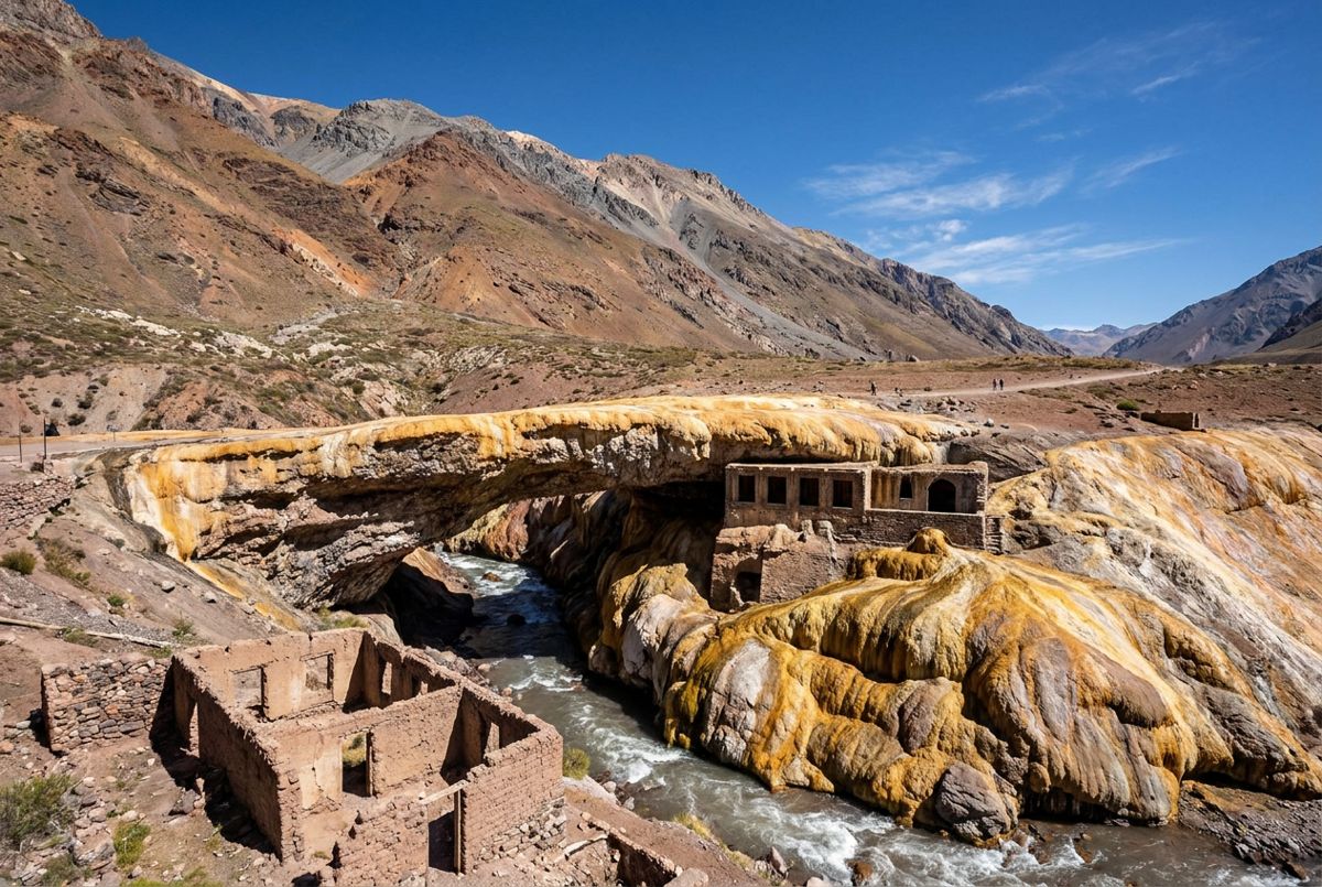 Puente del Inca, the ochre natural rock bridge over the river in the high Andes near Mendoza