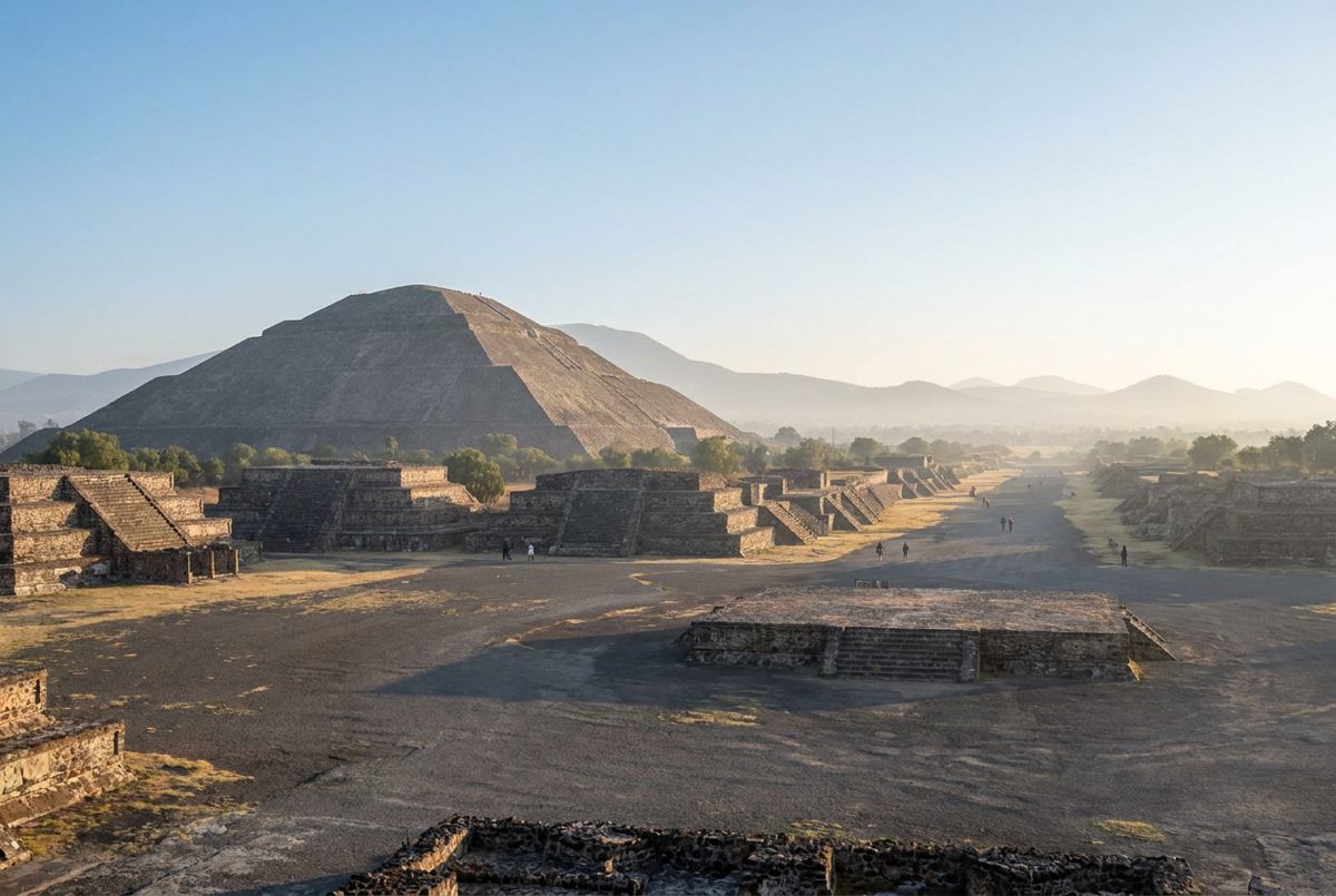 Early morning light along the Avenue of the Dead toward the Pyramid of the Sun at Teotihuacan