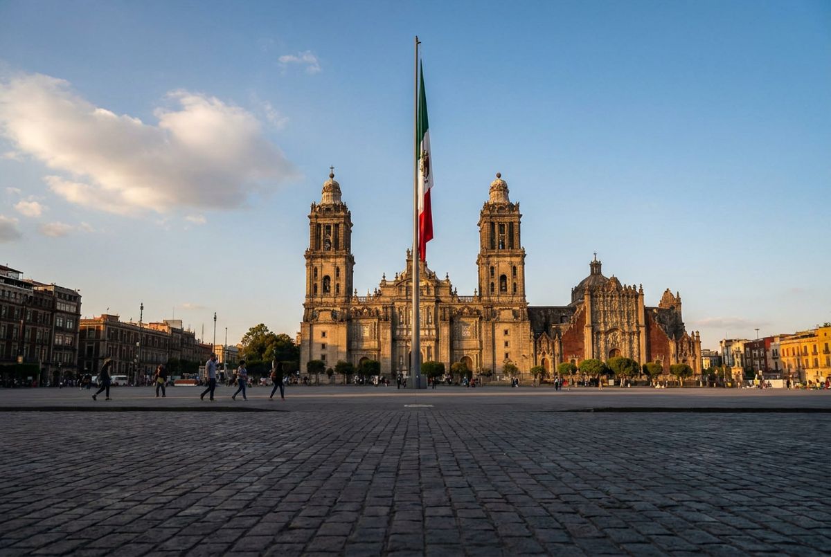 Metropolitan Cathedral towers over the Zócalo in Mexico City's historic center at golden hour