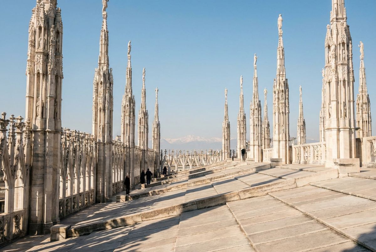 White marble spires and statues on the Milan Duomo rooftop terraces with the Alps on the horizon