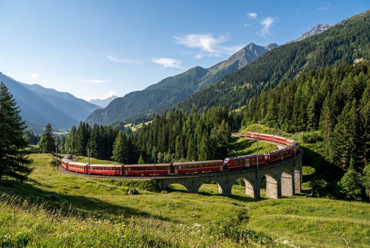Red Bernina train crossing the Brusio spiral viaduct among green Alpine slopes