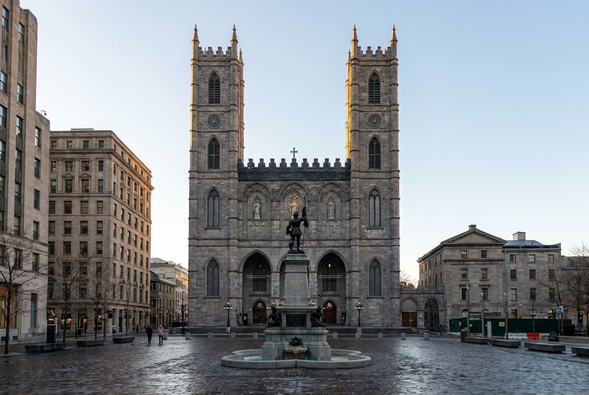 Notre-Dame Basilica's twin towers rising over Place d'Armes in Old Montreal on a calm early morning