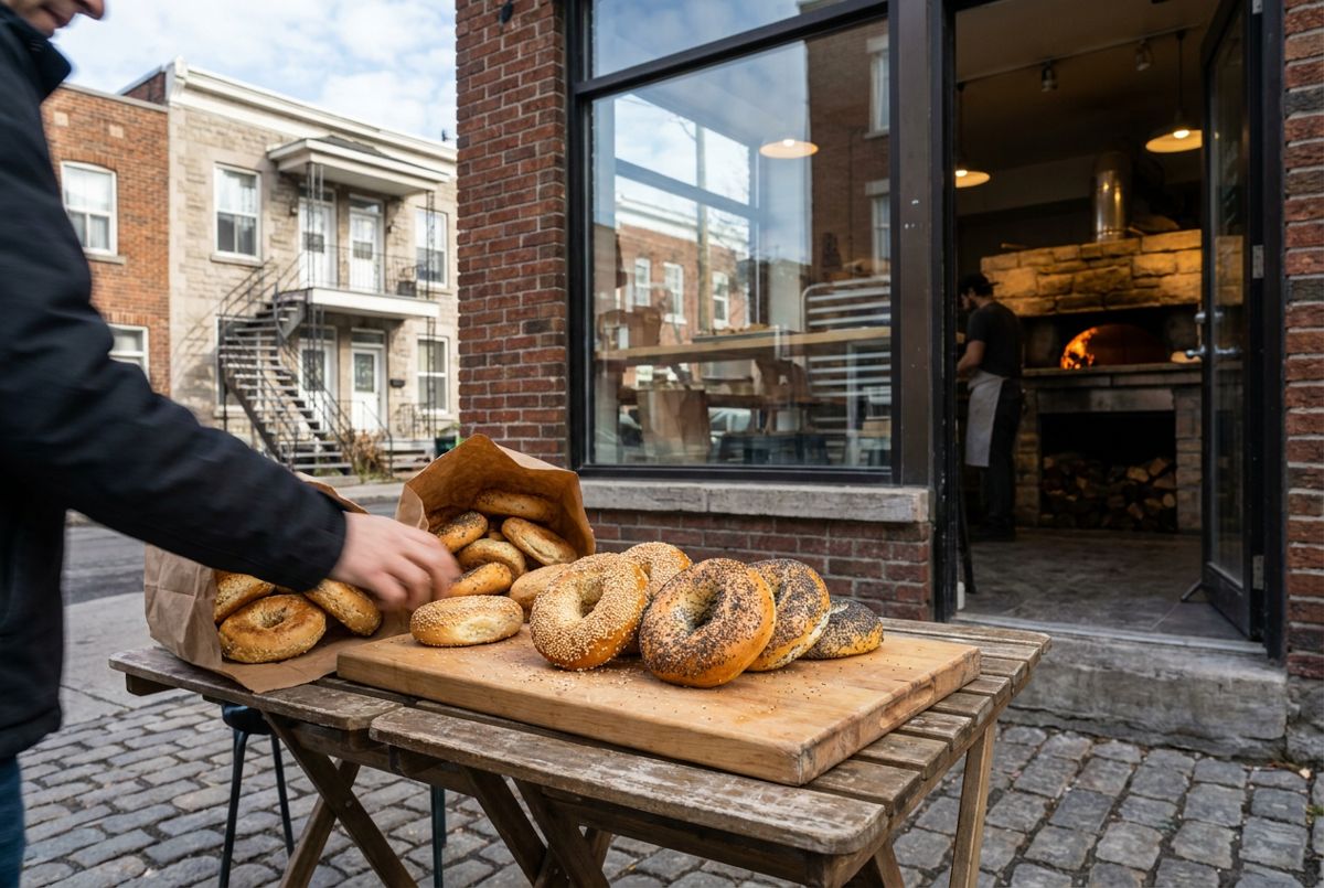 Fresh sesame bagels on a wooden board outside a brick bakery in Montreal's Mile End