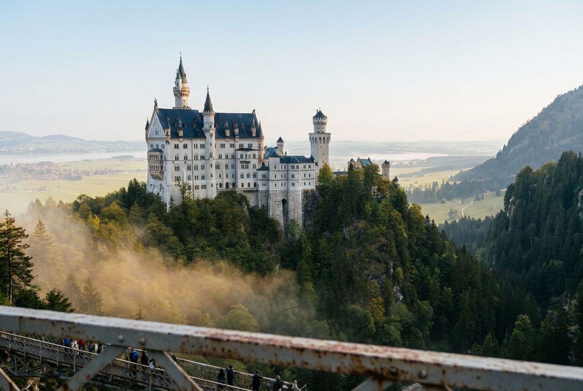 Neuschwanstein Castle on its wooded ridge in the Bavarian Alps in soft morning light
