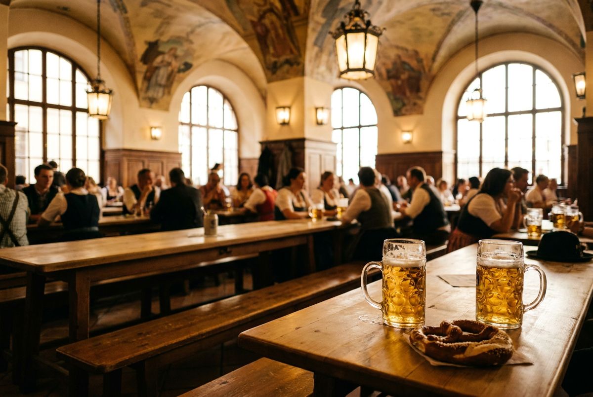 Wooden tables and beer steins under painted vaults in a traditional Munich beer hall