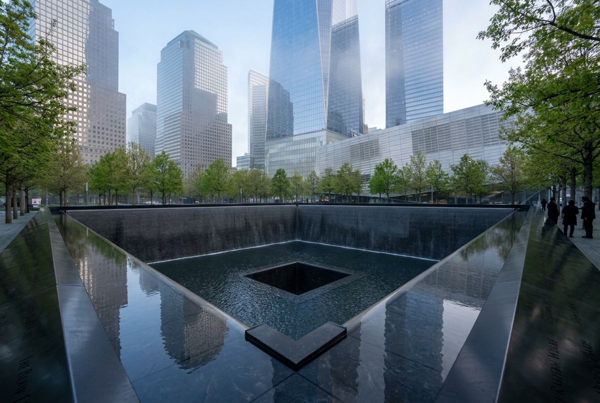 Reflecting pool at the 9/11 Memorial in morning light with One World Trade Center rising behind