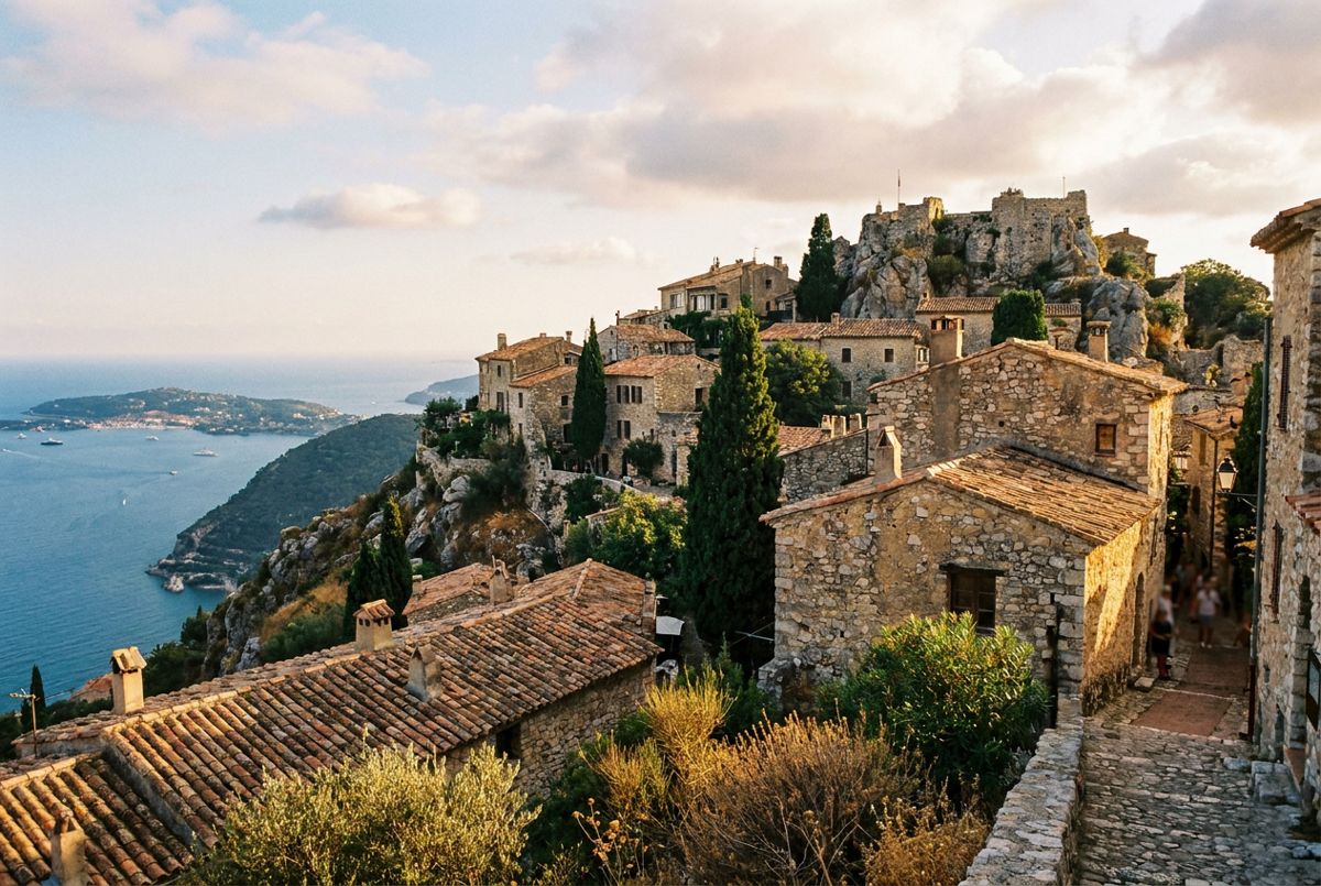 Medieval stone village of Èze perched on a hilltop above the blue Mediterranean coast