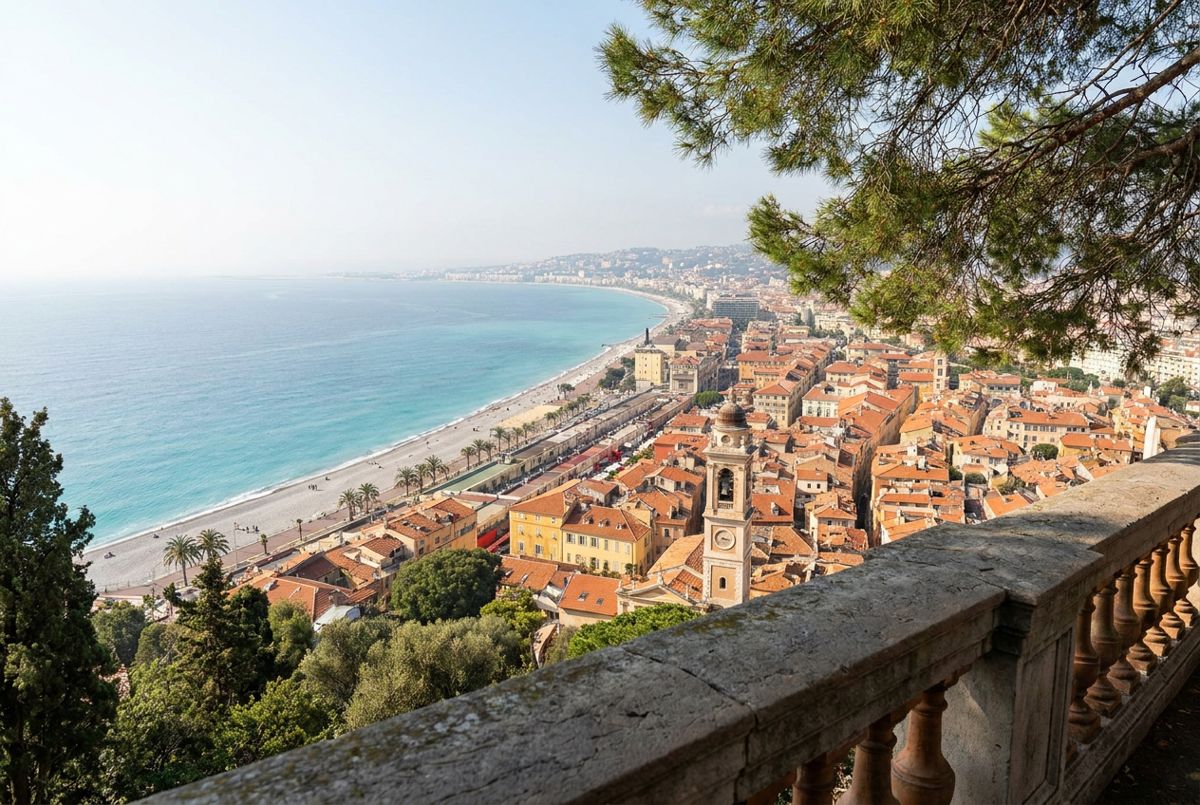 View from Castle Hill over Nice's old town rooftops and the curving Bay of Angels in morning light