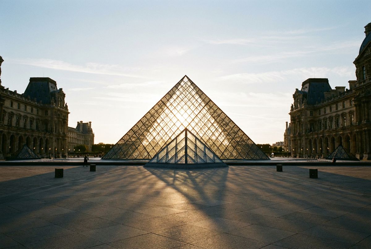 Louvre glass pyramid and palace wings in warm early morning light, Paris