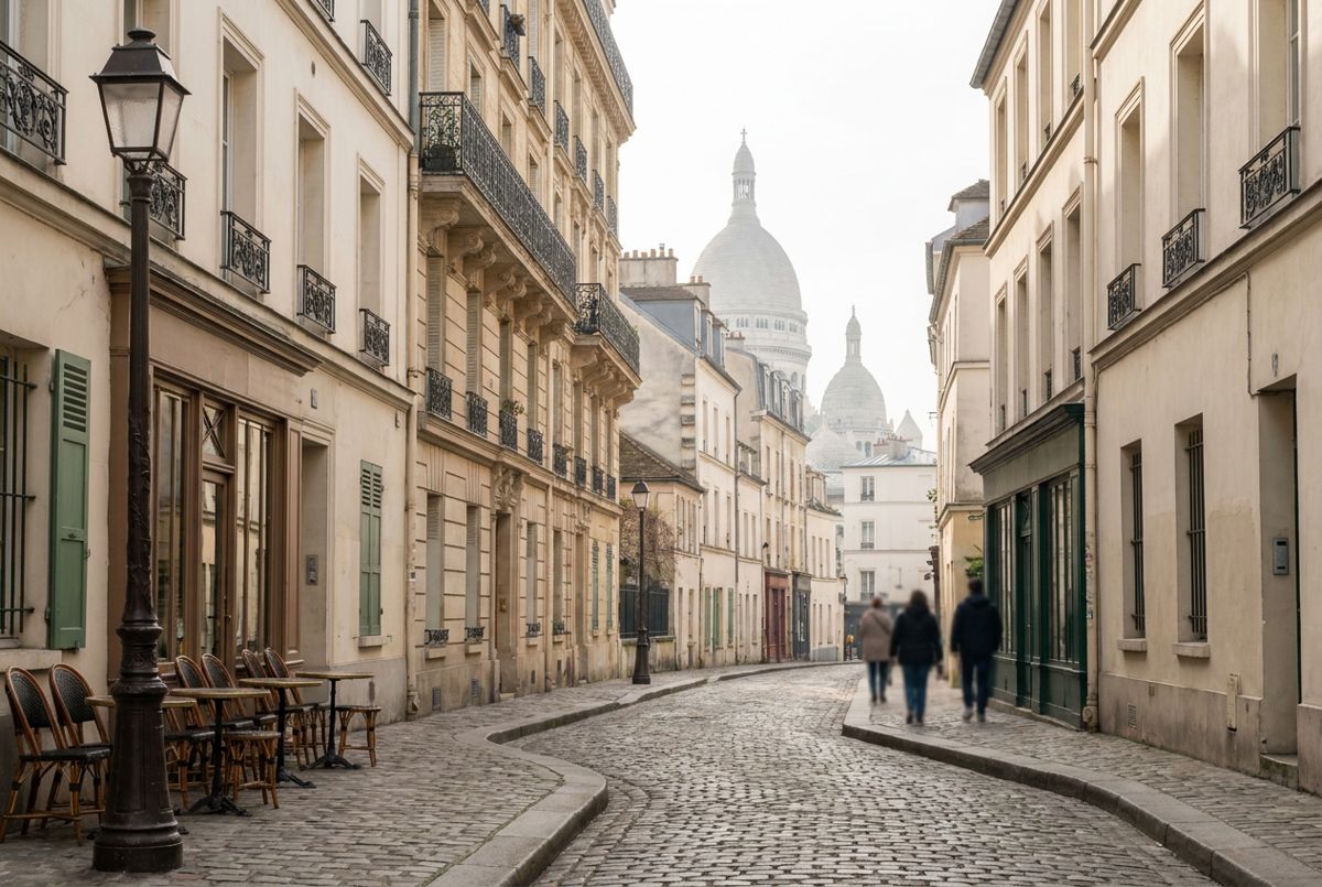 Cobblestone Montmartre street leading up to the white domes of Sacré-Cœur in morning light
