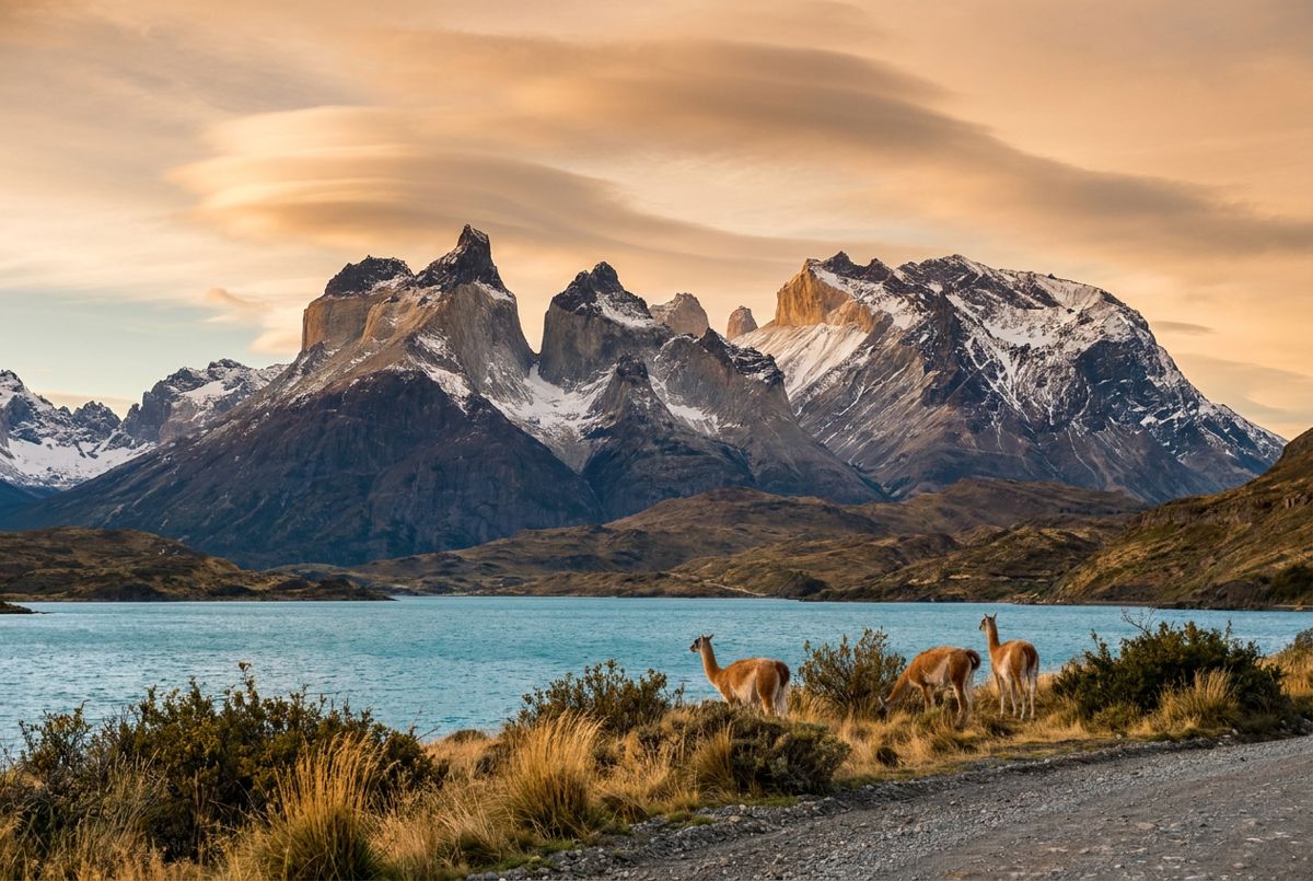 Cuernos del Paine rising above Lago Pehoé with guanacos grazing in golden grass in the foreground