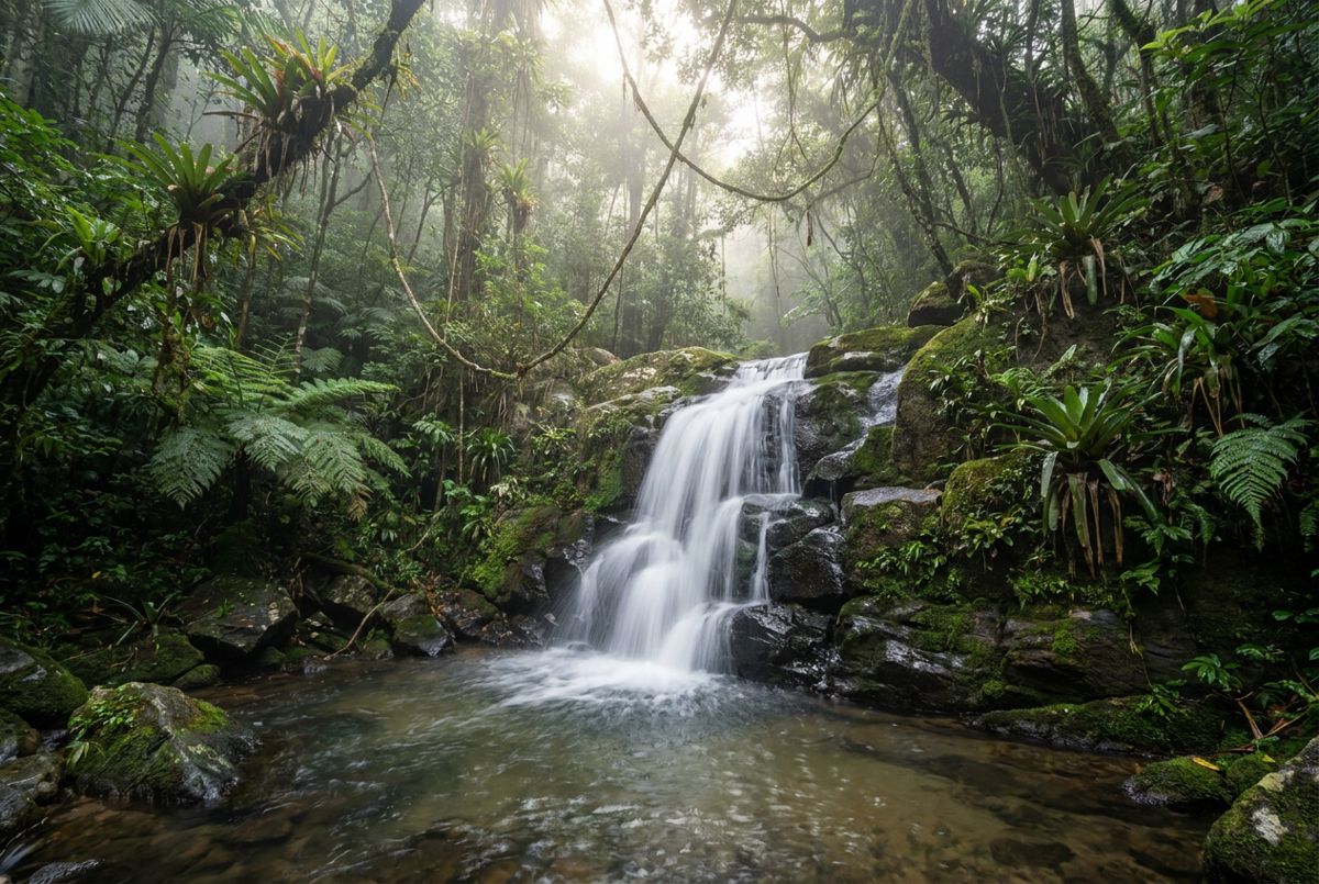 Waterfall cascading into a pool in the lush Tijuca rainforest of Rio de Janeiro