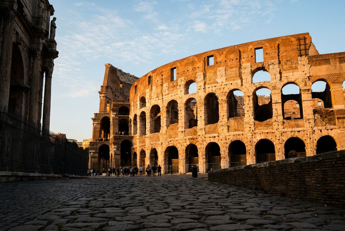 Colosseum's weathered arches glowing in warm early morning light with a few distant visitors outside