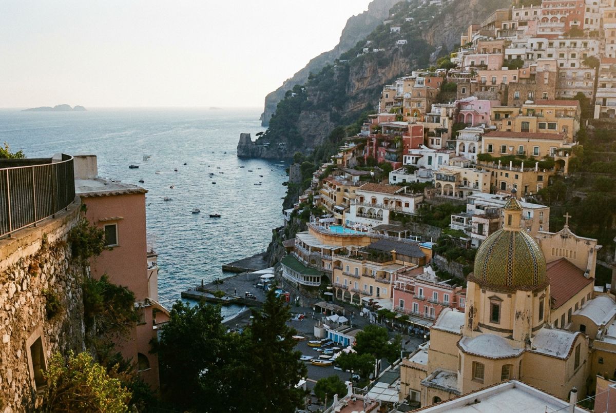 Pastel houses of Positano climbing the cliffs above the blue Tyrrhenian Sea on the Amalfi Coast